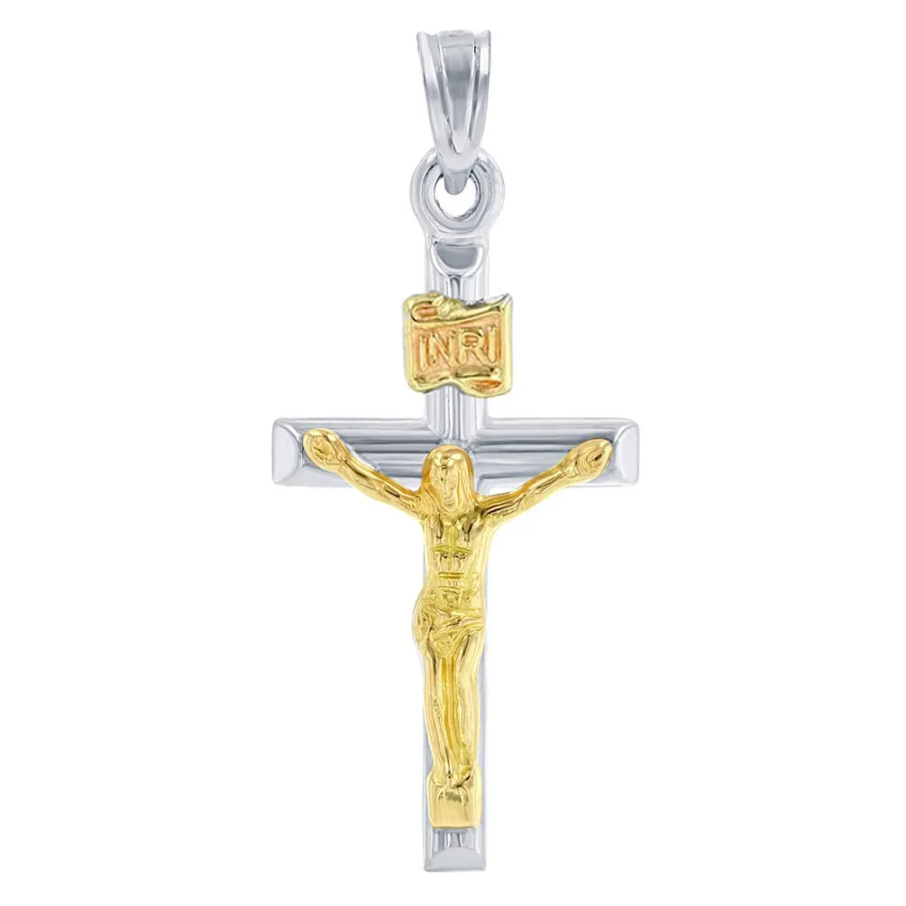 14k White Gold Latin INRI Cross Two Tone Crucifix Pendant Necklace