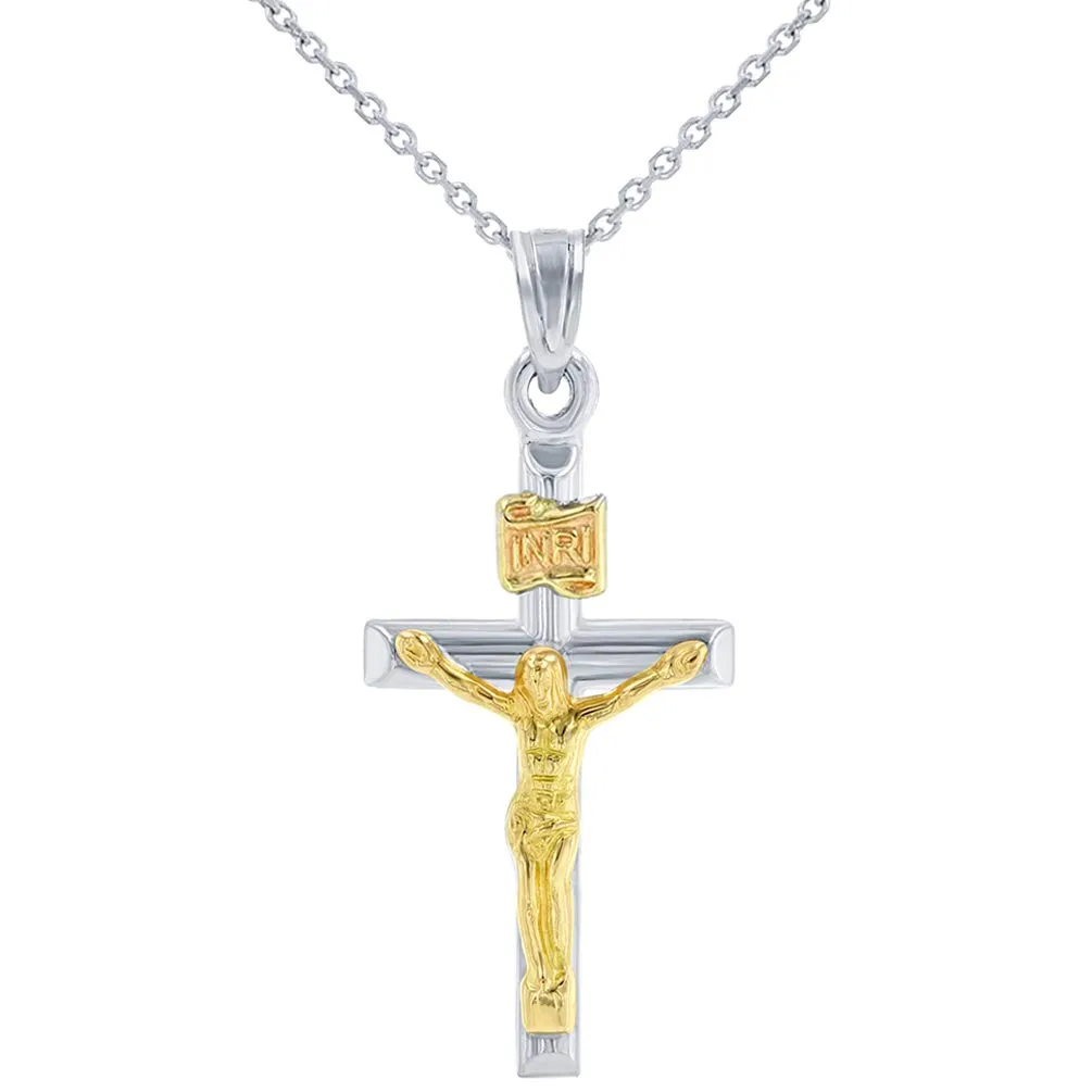 14k White Gold Latin INRI Cross Two Tone Crucifix Pendant Necklace