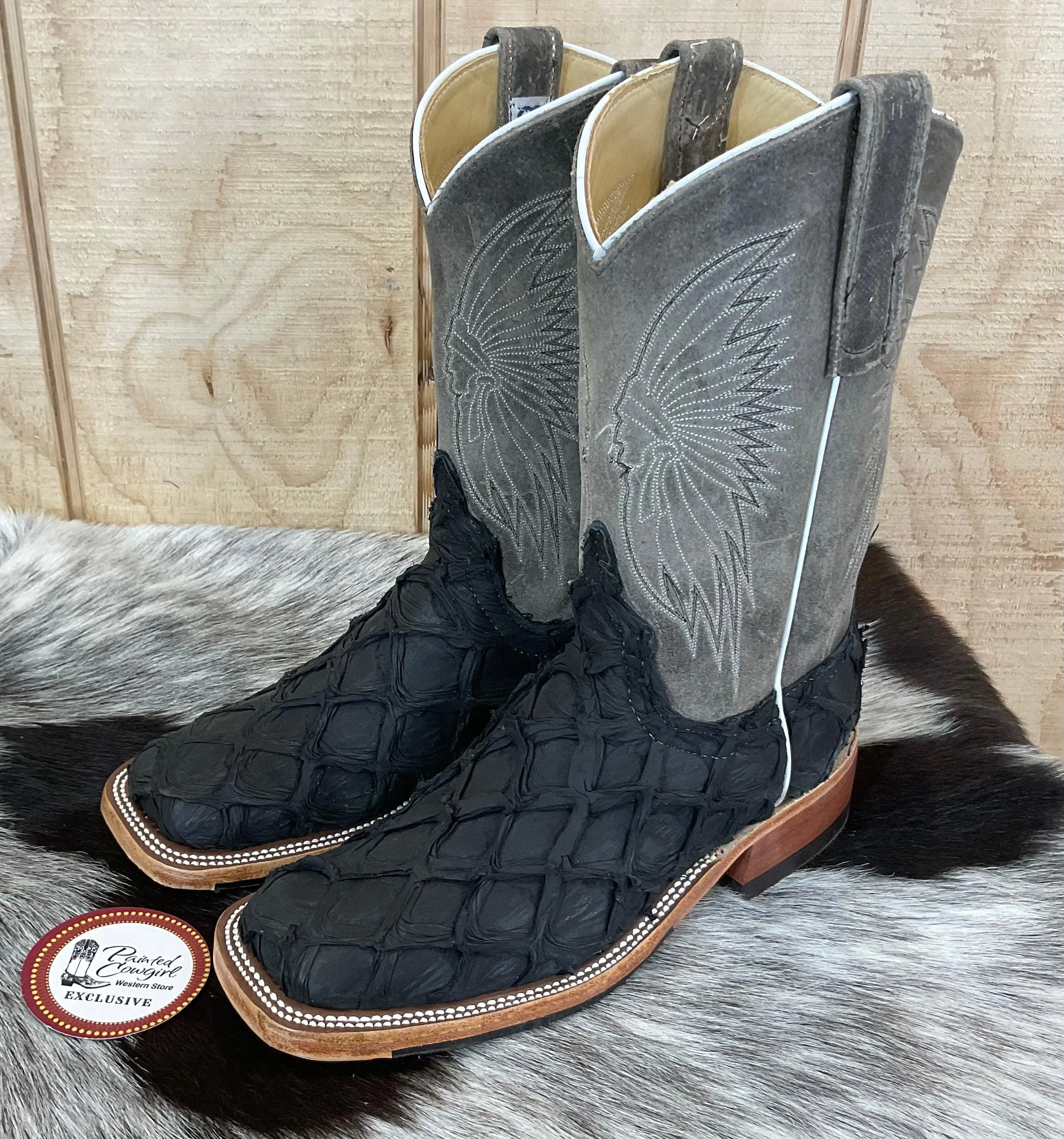 Anderson Bean Women's Black Matte Big Bass (Arapaima) & Stone Waxy Kudu Square Toe Cowgirl Boots 333579