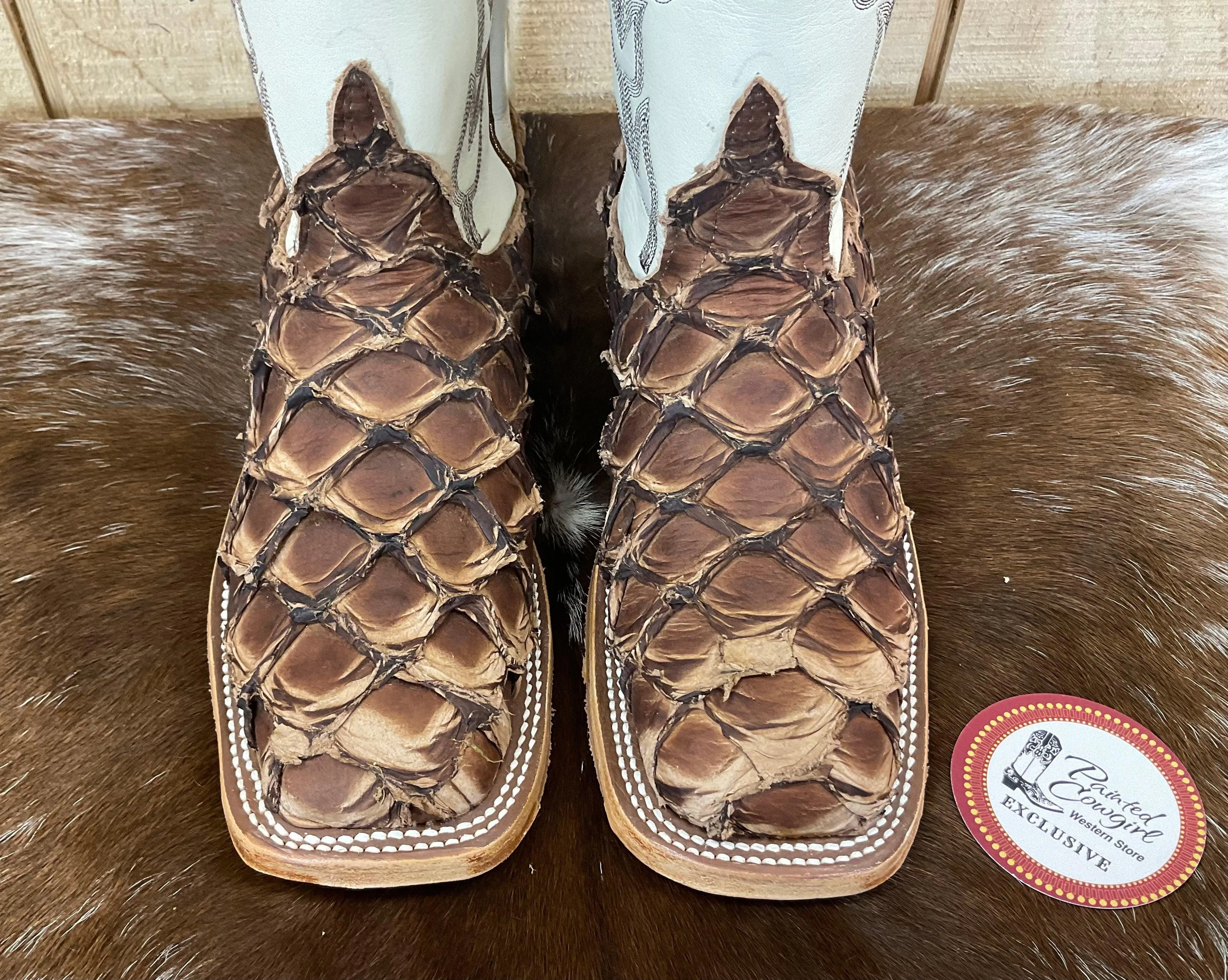 Anderson Bean Women's Brown Big Bass (Arapaima) & Bone Deerskin Cowgirl Boots 333578