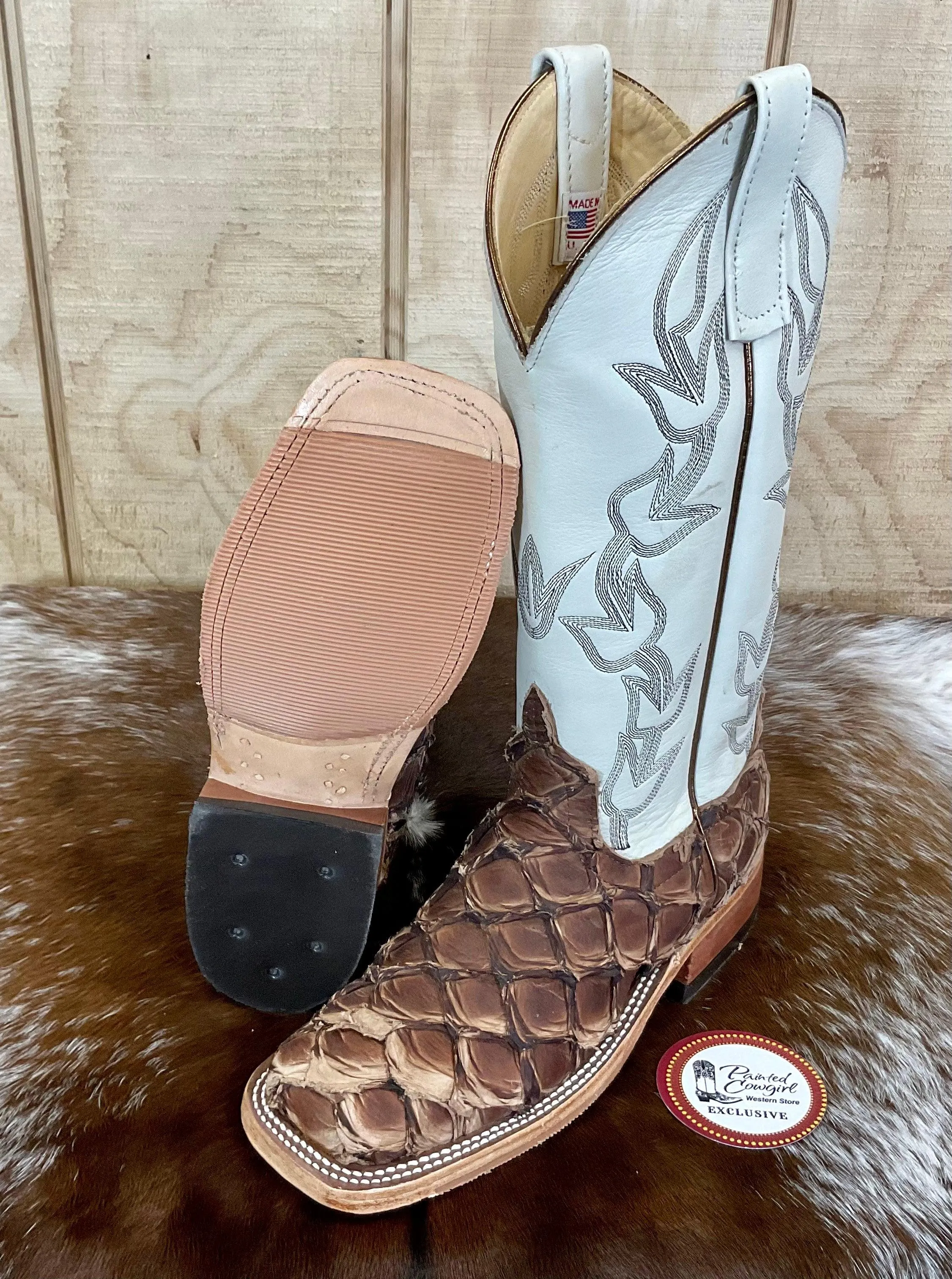 Anderson Bean Women's Brown Big Bass (Arapaima) & Bone Deerskin Cowgirl Boots 333578