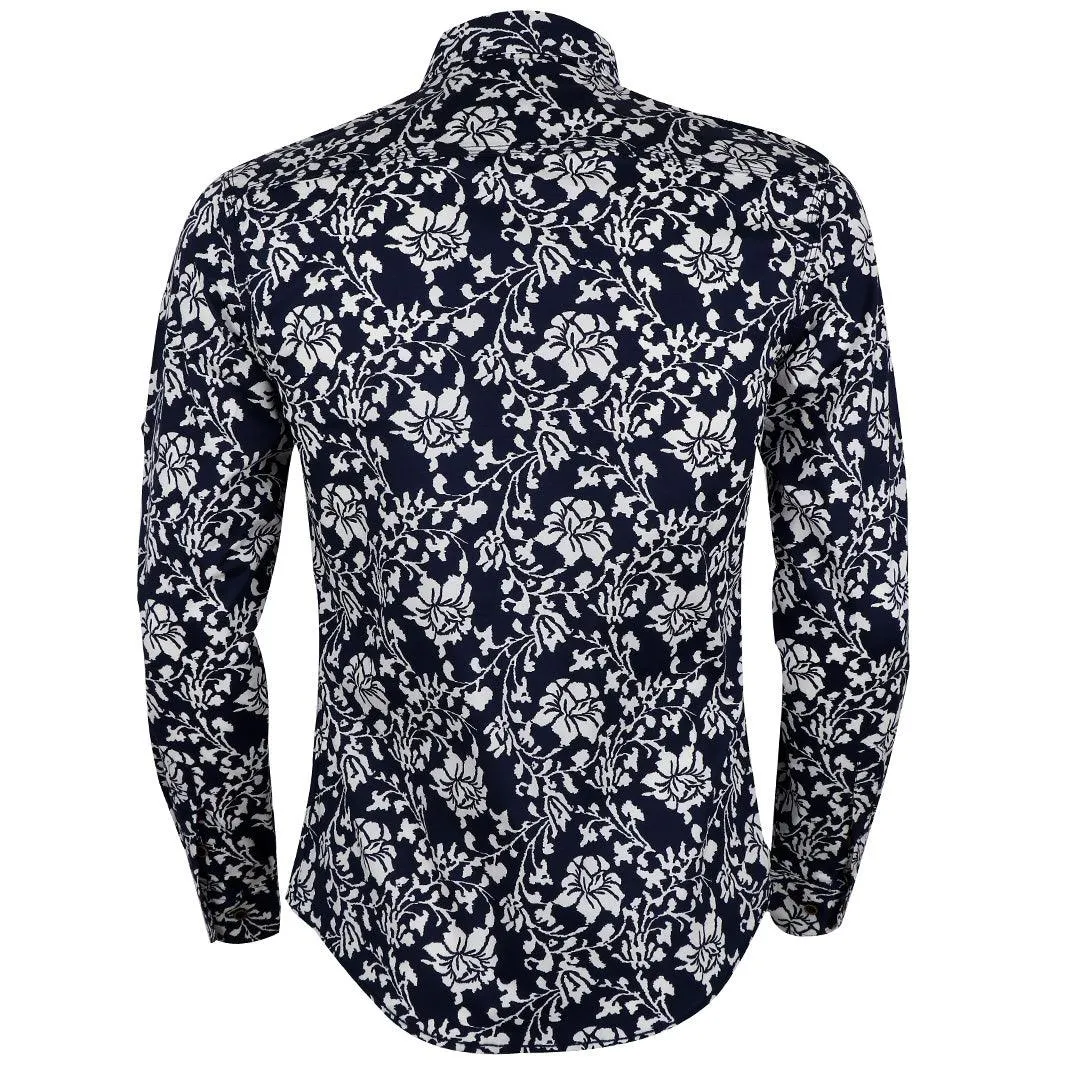 Bajieli New York Fit NavyBlue And White Floral Designed Shirt