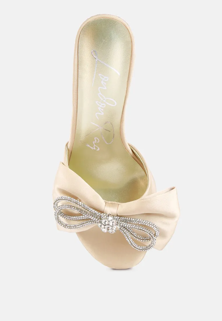 Brag In Rhinestone Embellished Bow Satin Heels By Ruw