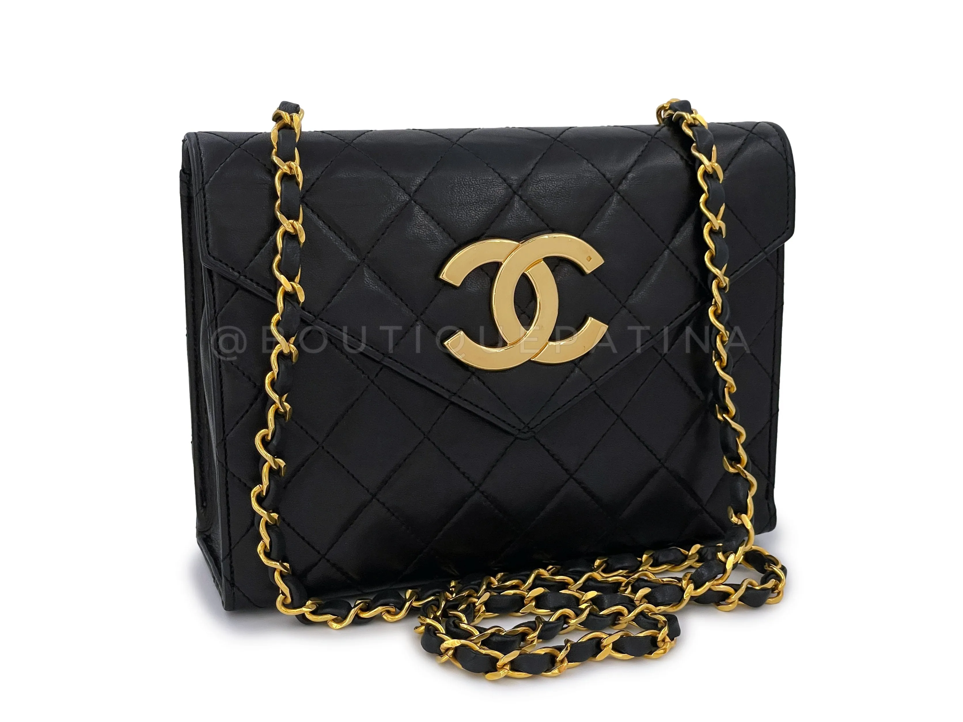 Chanel 1988 Vintage Black Giant CC Mini Envelope Flap Bag 24k GHW Lambskin