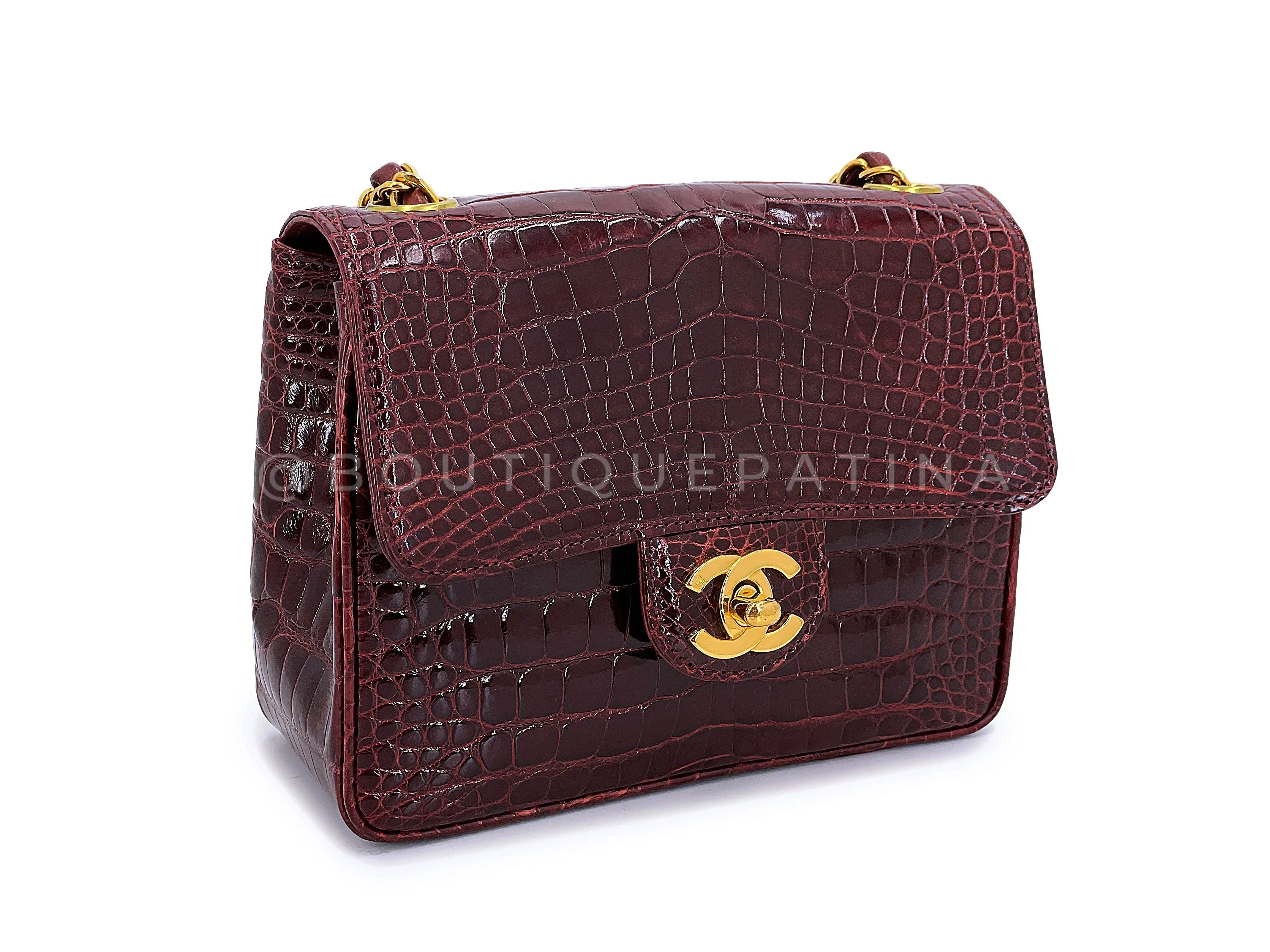 Chanel 1996 Vintage Burgundy Alligator Crocodile Square Mini Flap Bag 24k GHW