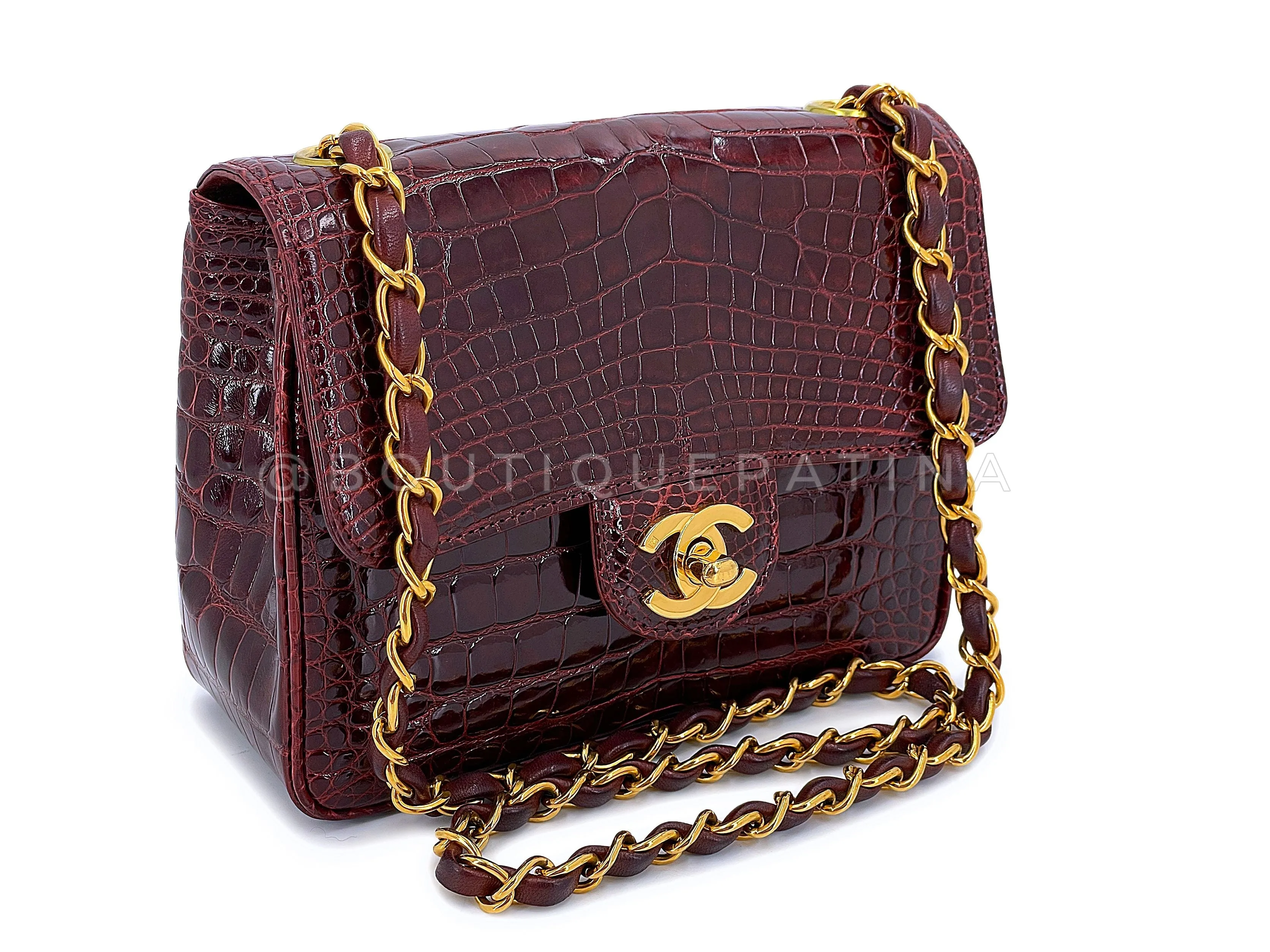 Chanel 1996 Vintage Burgundy Alligator Crocodile Square Mini Flap Bag 24k GHW