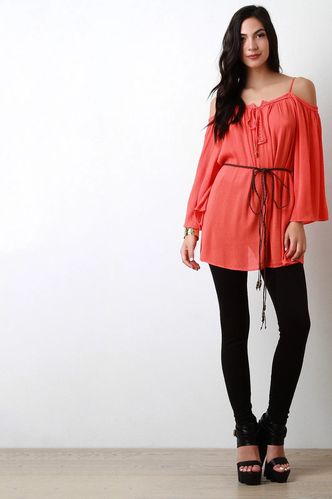 Cold Shoulder Long Sleeve Peasant Blouse