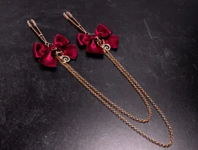 Deluxe Chained Burgundy Bow Tweezer Nipple Clamps in Rose Gold