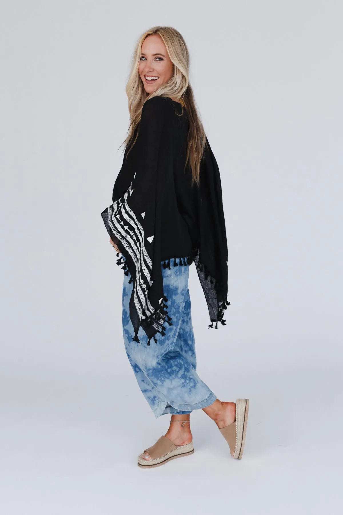 Fallon Embroidered Sleeve Tassel Poncho - Black