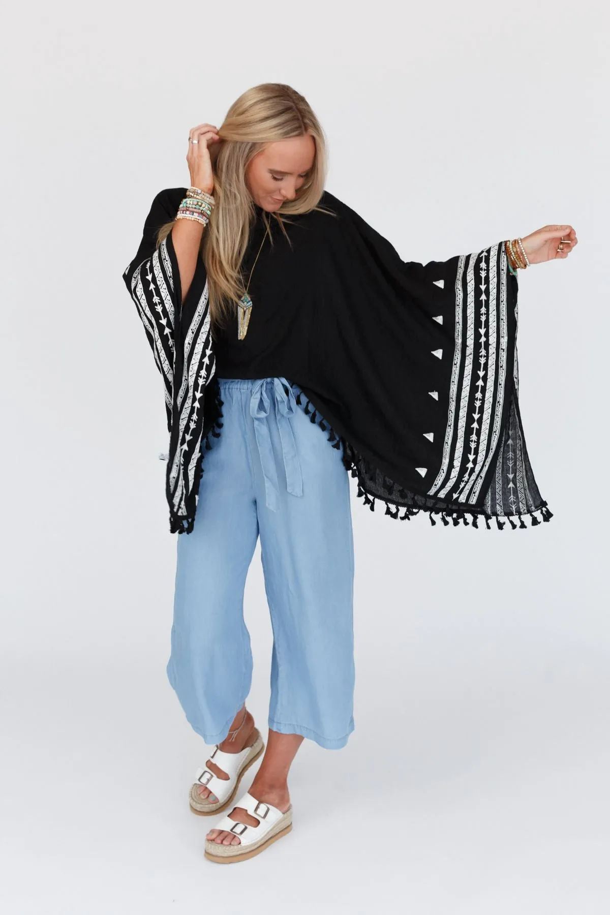 Fallon Embroidered Sleeve Tassel Poncho - Black