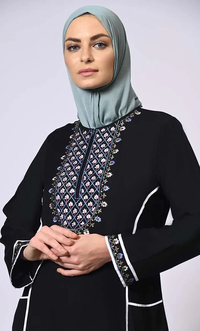 Feminine Flourish: Embroidered Front Zip Black Abaya with Front Pockets - Final Sale