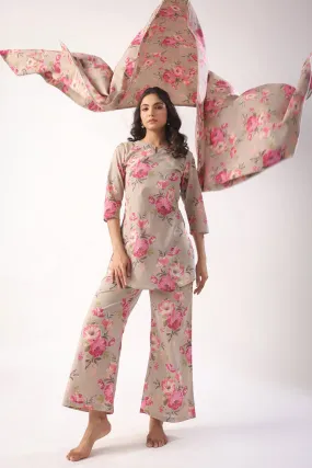 Floral Motifs On Grey Lounge Co-ord Set