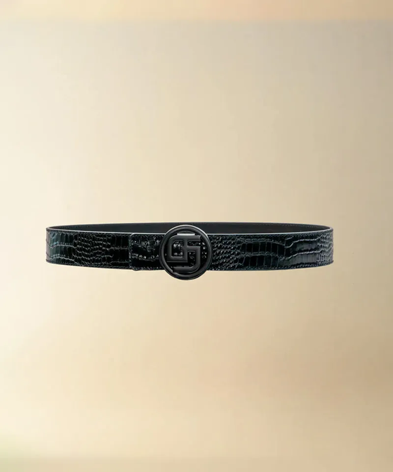 GFJ Golf Men's Classic Croco Belt Strap   GG Buckle Belt - Black