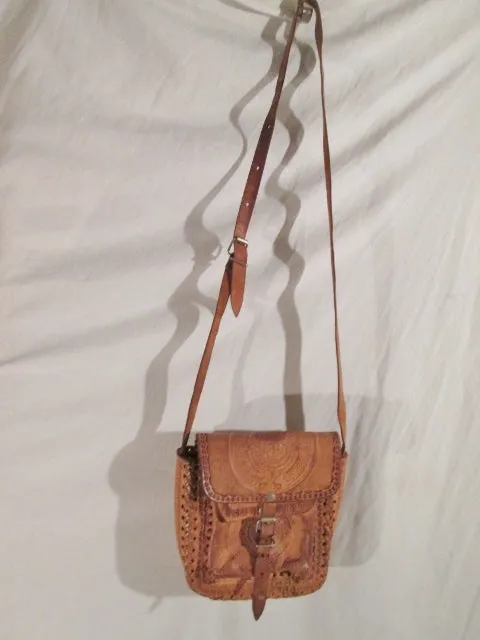 Handmade Latin Tooled Leather Shoulder Bag Satchel BROWN MAYAN CALENDAR