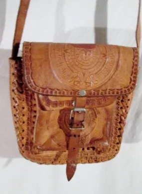 Handmade Latin Tooled Leather Shoulder Bag Satchel BROWN MAYAN CALENDAR