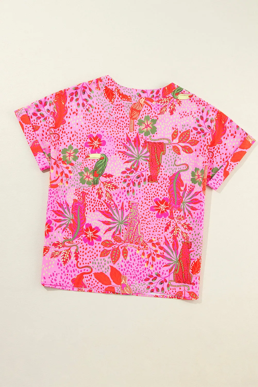 Rose Jungle Floral Print Notch V Neck Blouse