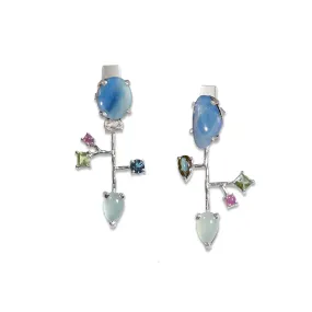 Silver Asymmetrical Opal and Aquamarine Earrings