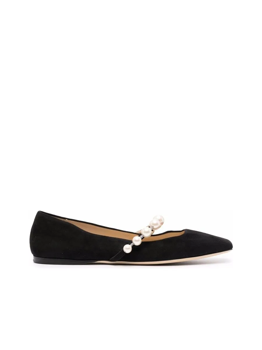 Suede Flat Shoes With Pearl Detailing