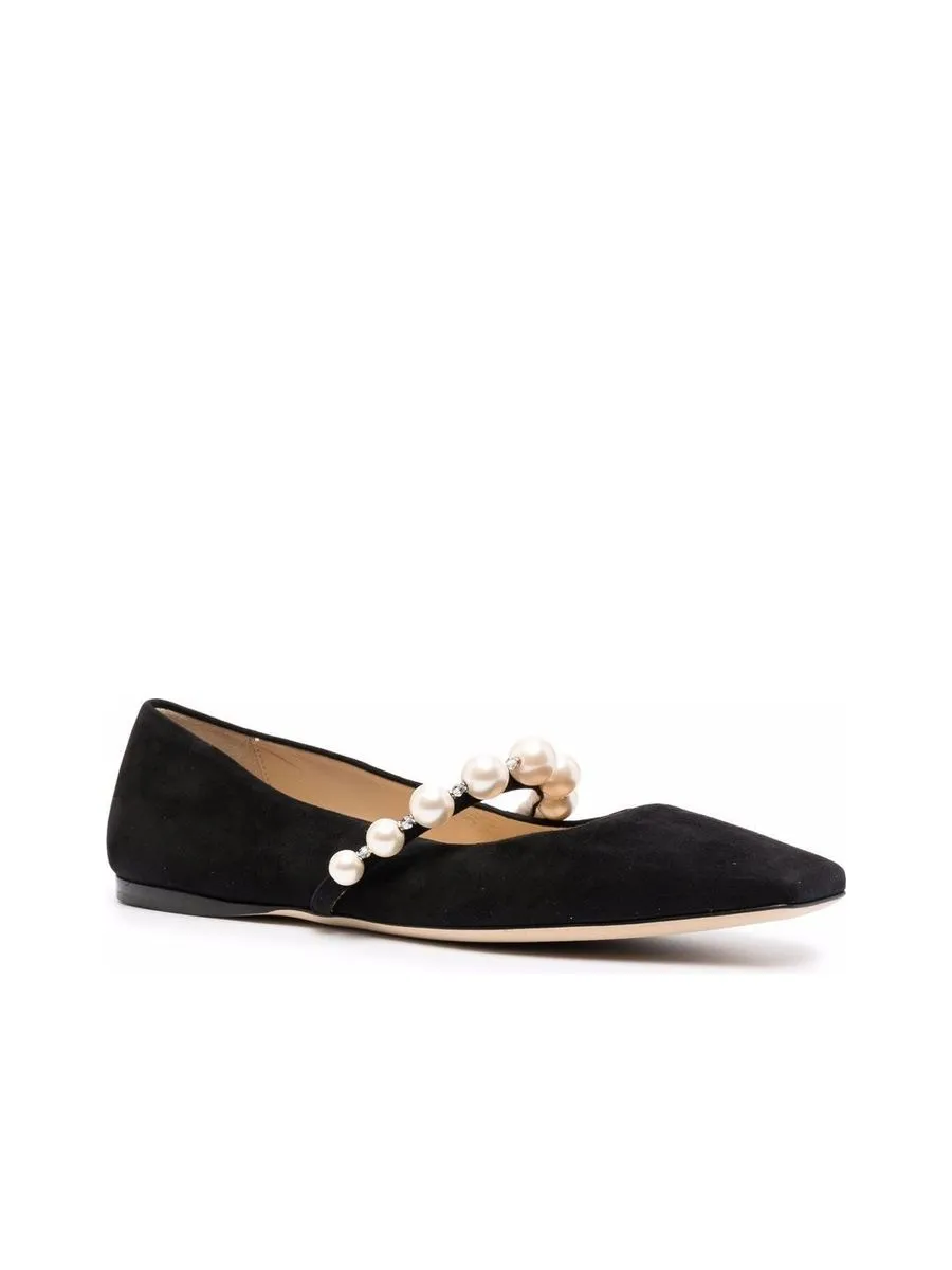 Suede Flat Shoes With Pearl Detailing