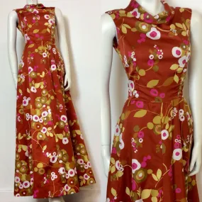 VINTAGE 1970S RUST SATEEN ABSTRACT FLORAL PRINT MAXI DRESS 10 12