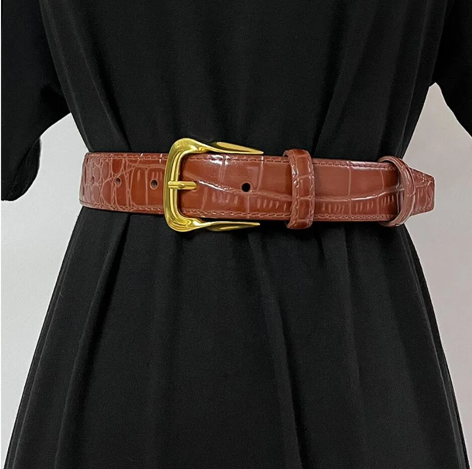 Vintage fashion women leather cowhide gilt embossed waist belt