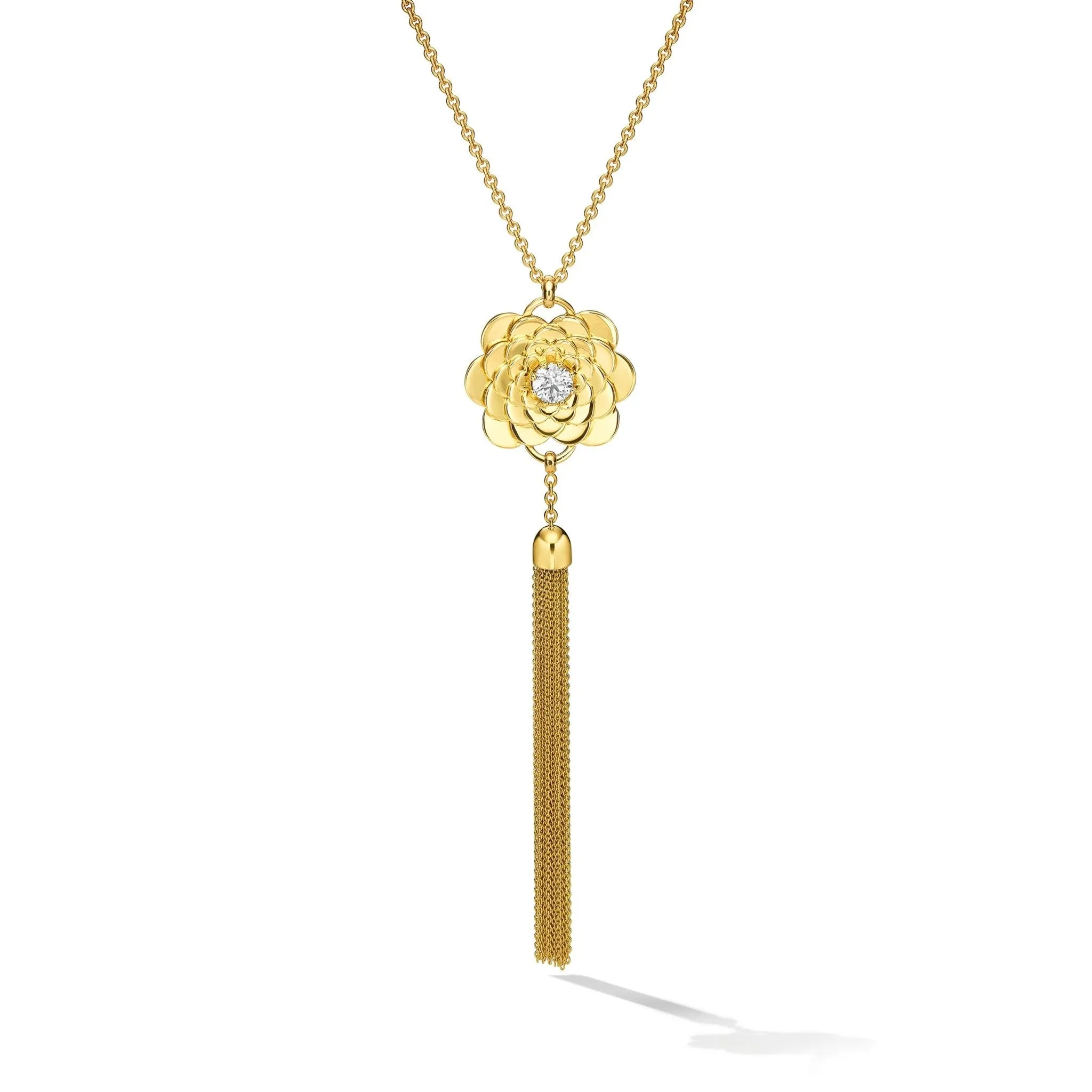 Yellow Gold Trio Pendant Tassel Necklace with White Diamonds