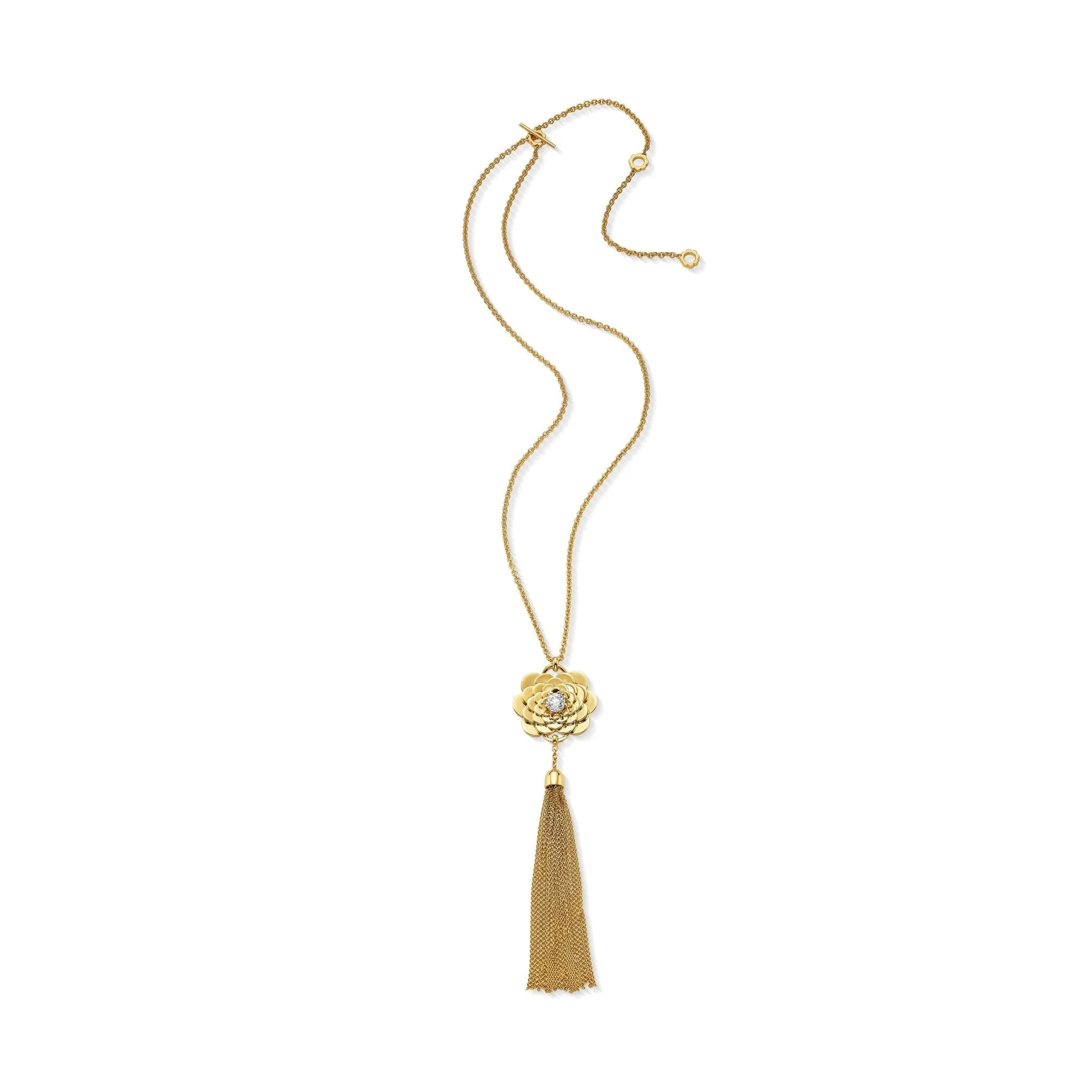 Yellow Gold Trio Pendant Tassel Necklace with White Diamonds